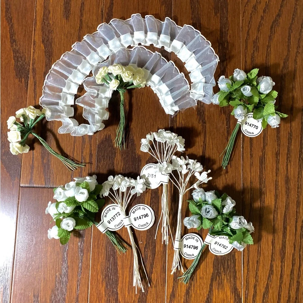 Wedding Set of 9 items artificial flowers and ribbon white silver green